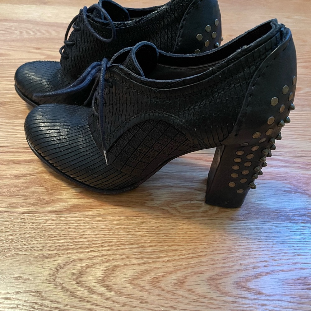 A.S.98 Black Textured Leather Studded Lace-Up Heels